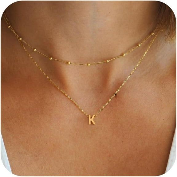 Style Stainless Steel Double Layer Initial Pendant Necklaces Golden Letter K 19.69 inch(50cm)