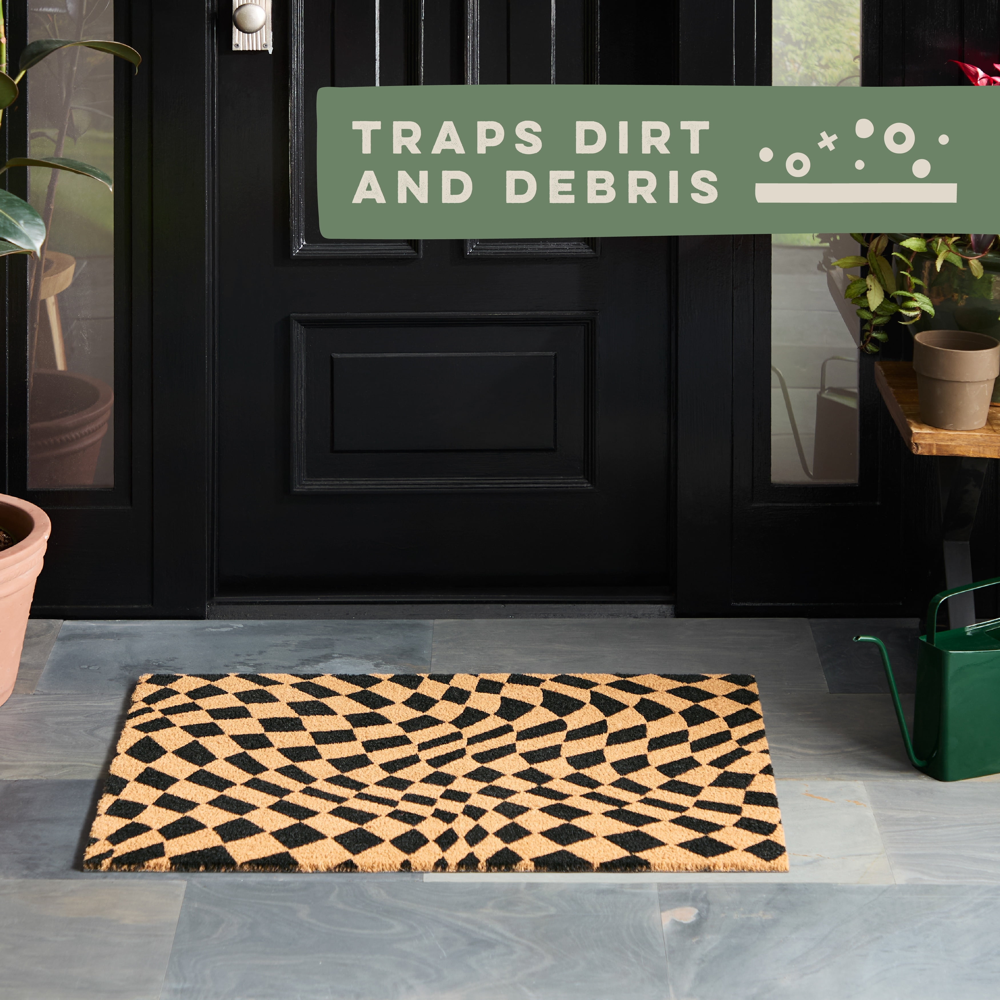 TOWN & COUNTRY TERRA Emmett Groovy Checkerboard Outdoor Door Mat, Natural Coir, Heavyweight, Non-Slip Entryway Mat, Black, 24"x36"