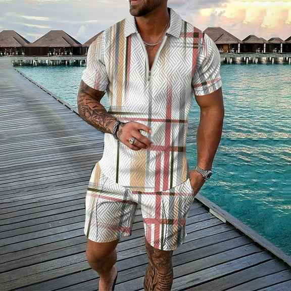 PEASKJP Workout Short Sets Mens Hawaiian Shirts Button Down Short Sleeve Beach Shirts Suits Summer Casual Outfits (White,L)