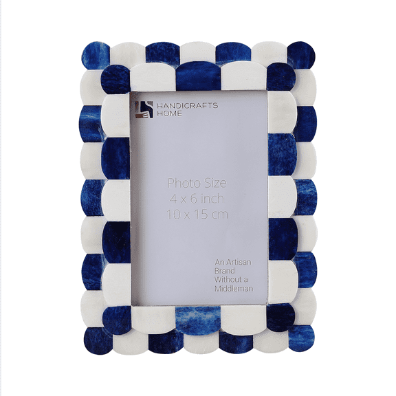 Handicrafts Home 4x6 Picture Frame Blue & White, Scalloped Bone Inlay Photo Frame, Handmade Decorative Picture Frame for Wall or Tabletop, Coastal Modern Home Decor