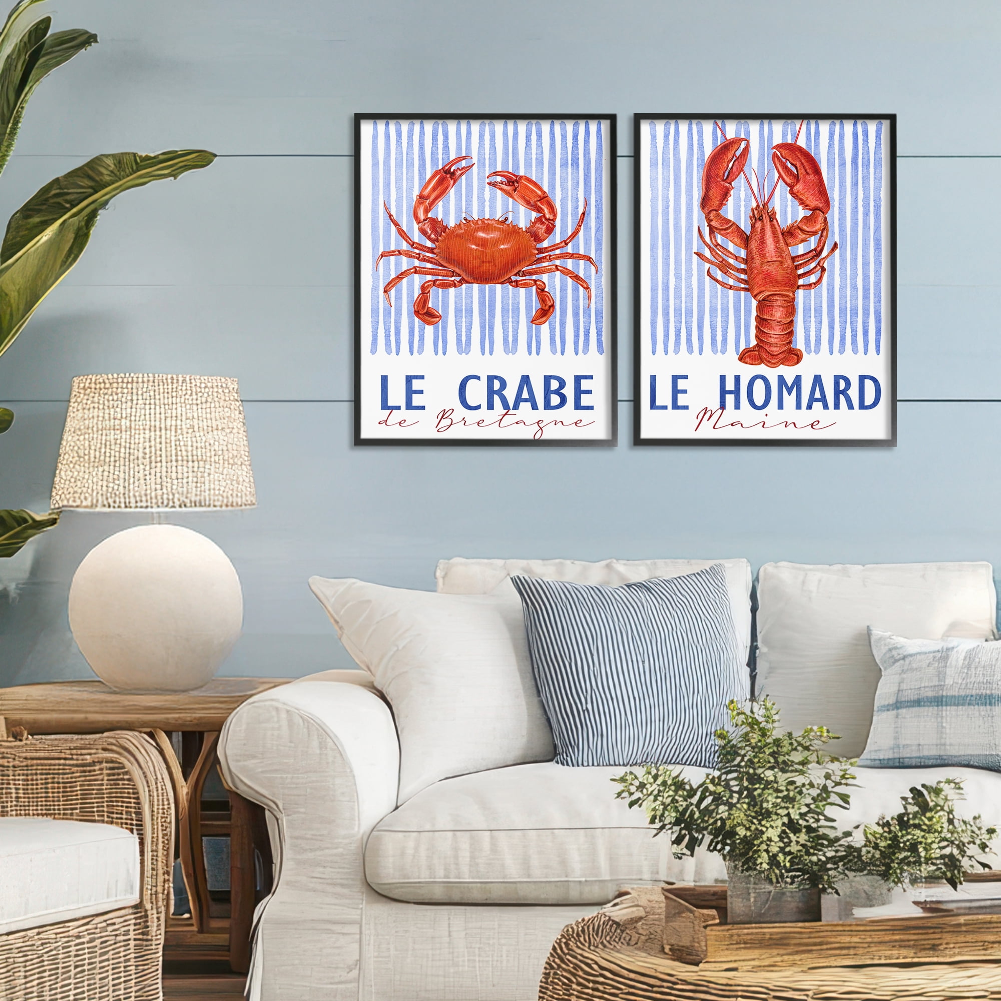 Stupell Industries Nautical Stripes Sea Creatures 2 Piece Black Framed Giclee Art Set, design by Kim Allen