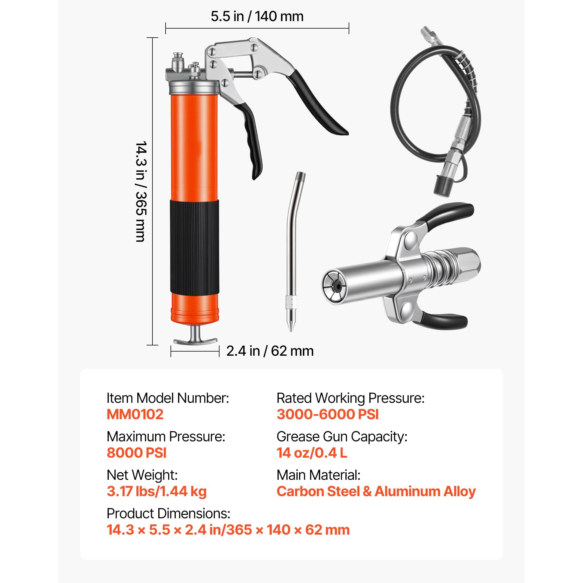8000 PSI Pistol Grip Grease Gun with 18" Hose & Extension Pipe, 14 oz Capacity