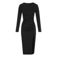 thumbnail image 4 of Njoeus Women's Elegant Long Sleeve Ruched Midi Dress Casual Crew Neck Bodycon Split Cocktail Party Dresses, 4 of 6