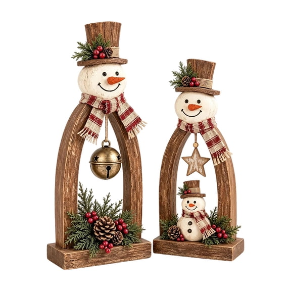 DVKOVI 2 Pcs Wooden Snowman Tabletop Decor with Plaid Scarf Pinecone Red Berry Bell and Star Christmas Mantel Display