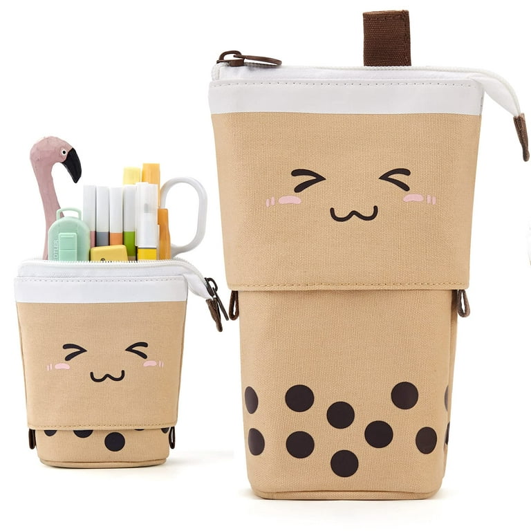 Cute Boba Tea Pencil Case Standing Pen Holder - Brown  Telescopic Design,  Multi-Functional Organizer for Girls, Students, and Women 