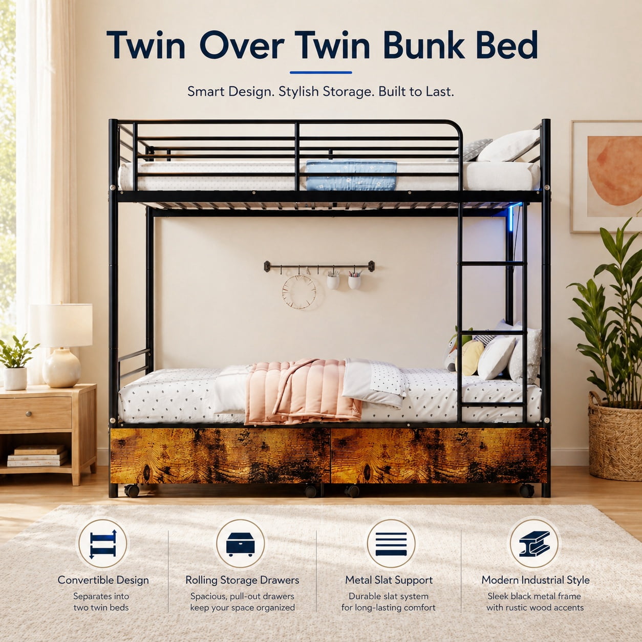 Miniyam Twin Over Twin Metal Bunk Bed with Storage Drawers, Convertible Bunk Bed with Guardrails, Ladder, Black