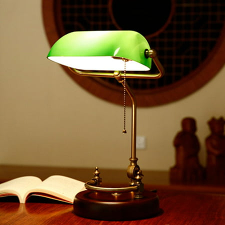 Desk Light,Wooden Green Glass Pull Chain Table Lamp Bedroom Bedside Living Room Office Study Room Desk