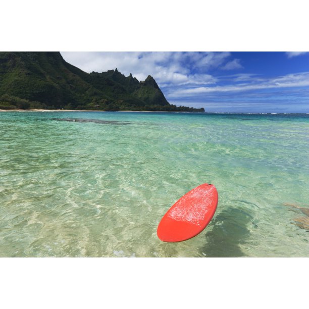 Hawaii Kauai Haena Beach Tunnels Beach Red Surfboard Floating In