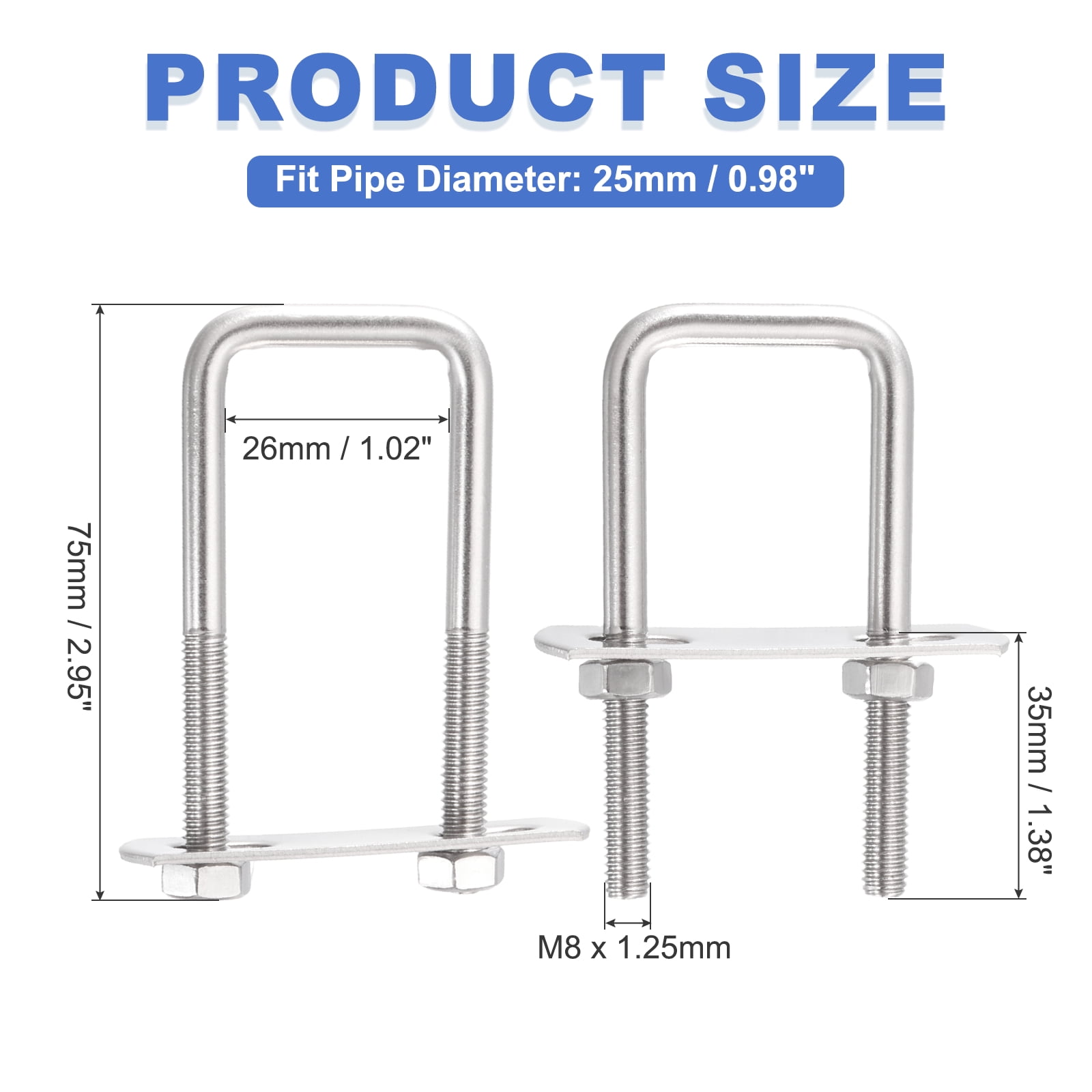 Uxcell 6 Sets M8 Square U-Bolts, 1.02" Inner Width 2.95" Length 304 Stainless Steel U Clamp Bolts with Nuts, Plates and Wrench