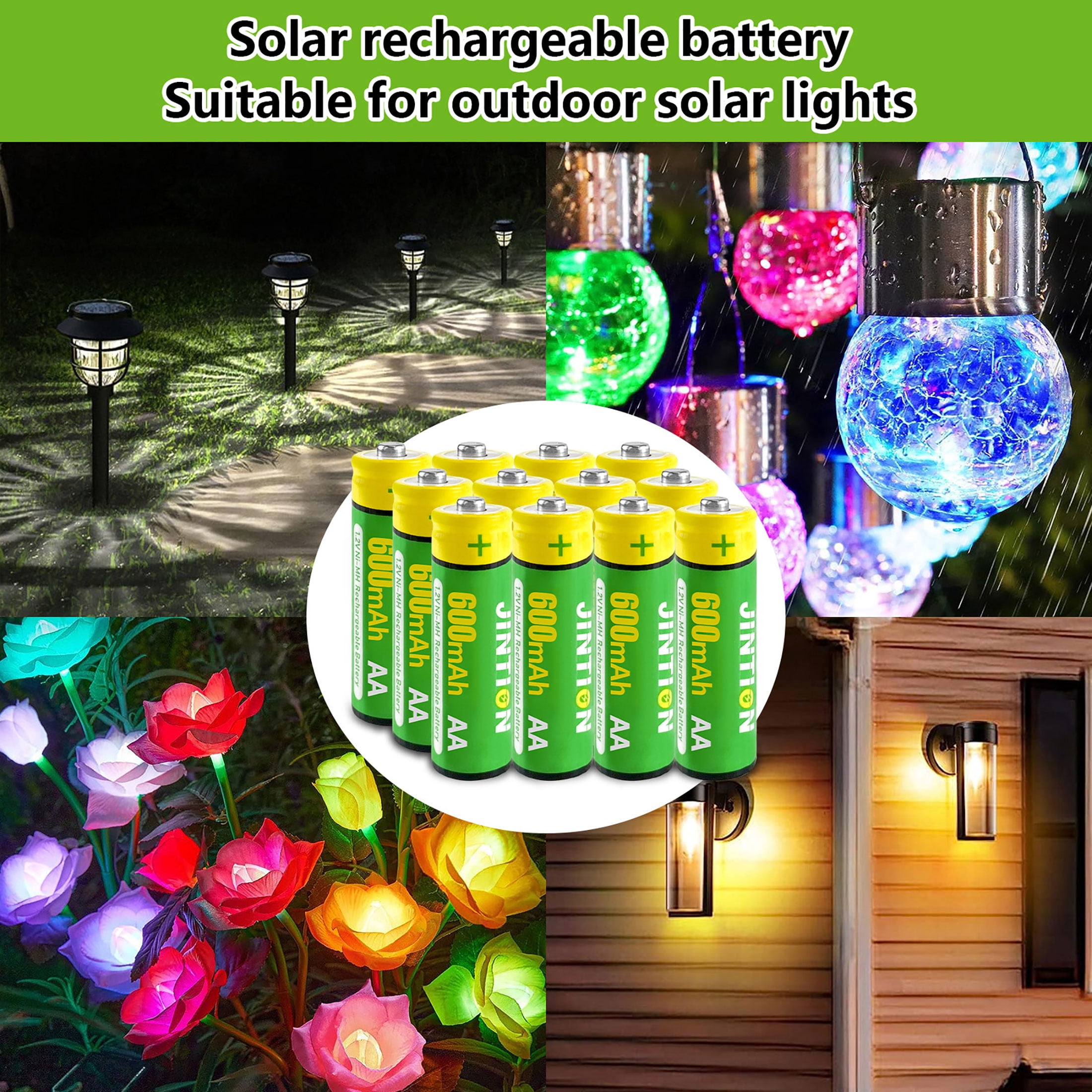 JINTION Rechargeable Aa Batteries, Double a Ni-MH 600mAh 1.2V Solar Battery