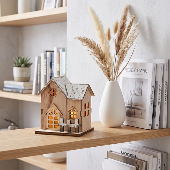 Qndoxp Wooden Christmas House Tabletop Ornament Festive Mini Wooden Xmas House Figurine Desktop Decor for Home Shelf Mantel Indoor Christmas Party Decoration