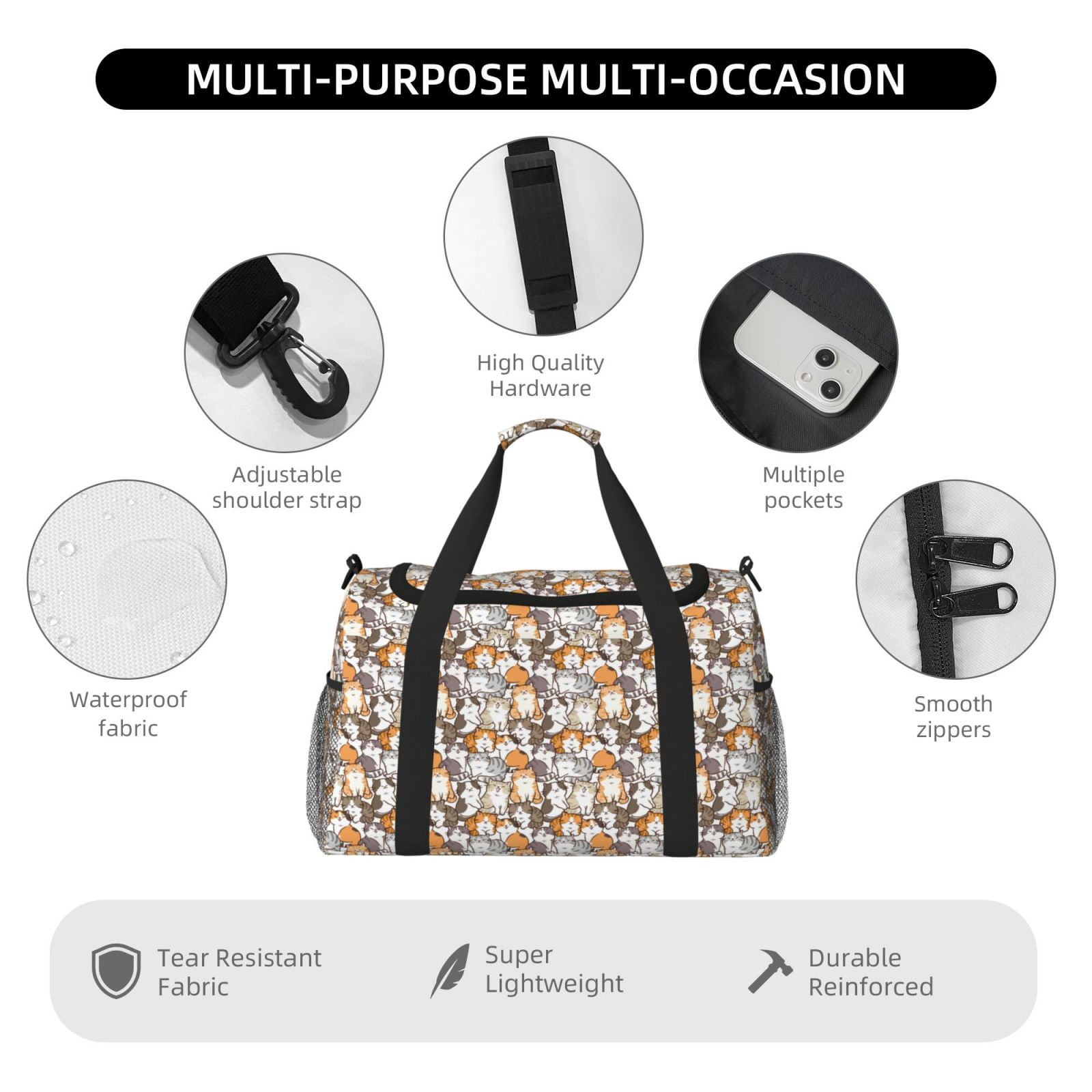 Fuzoiu Cartoon Cat Print Travel Duffle Bag,Carry On Tote Bags,Duffel Bag,Sport Gym Bag, Hospital Bag for Labor and Delivery, Overnight Bag,Luggage Bag