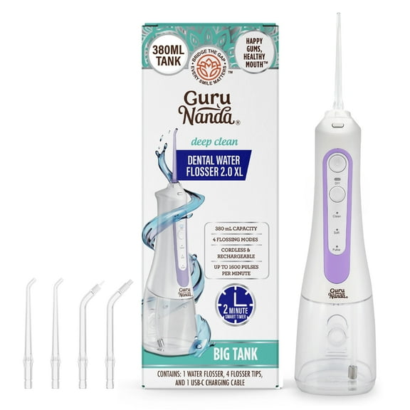 GuruNanda Cordless Water Flosser 2.0 XL – 380ML Tank, 4 Modes, Rechargeable, Smart Timer for Deep Cleaning & Happy Gums – Lavender