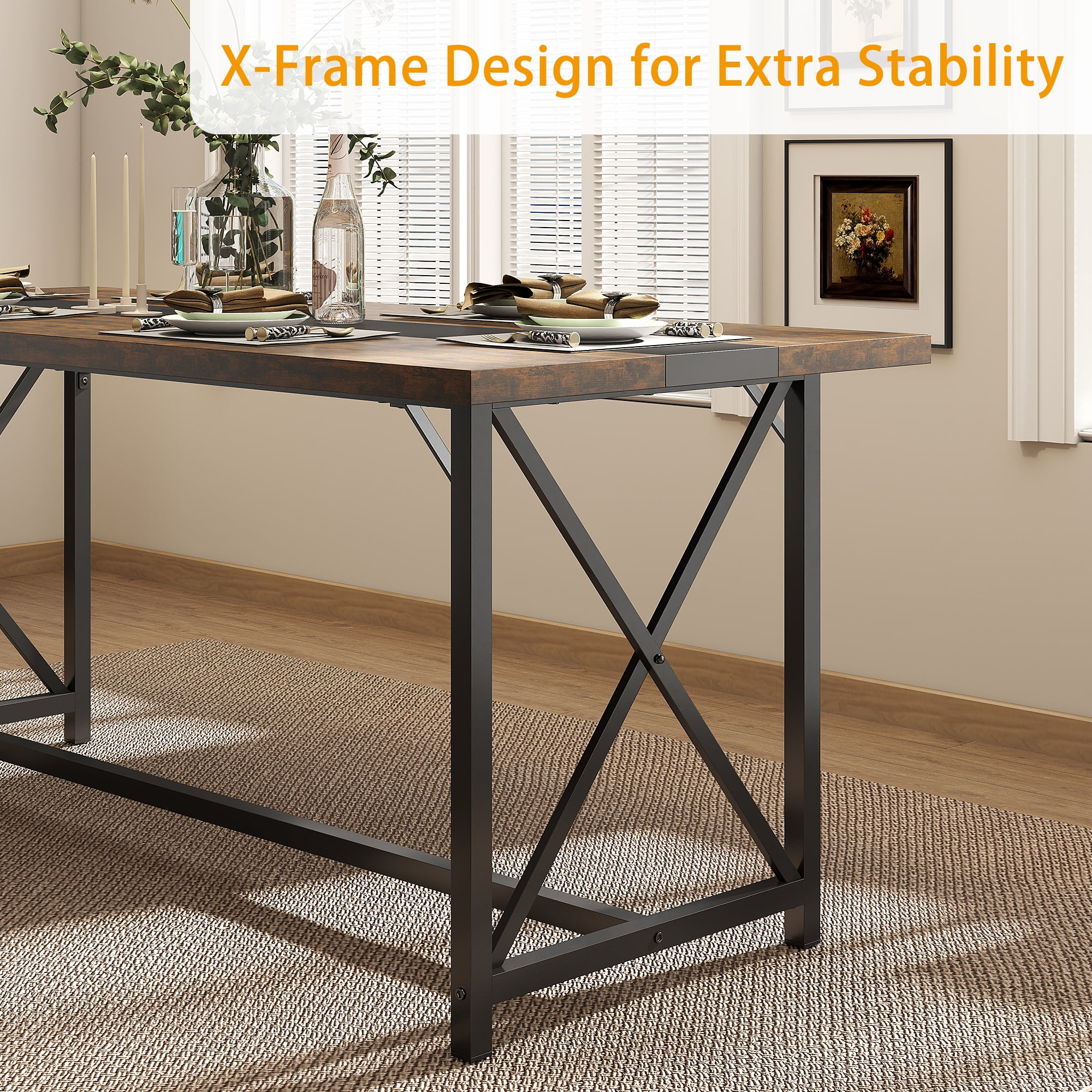 Manora Dining Table for 6-10 People, 70.9'' Modern Farmhouse Wooden Kitchen Table, Rectangle Dining Room Table, X-Shaped Legs (Rustic Brown)