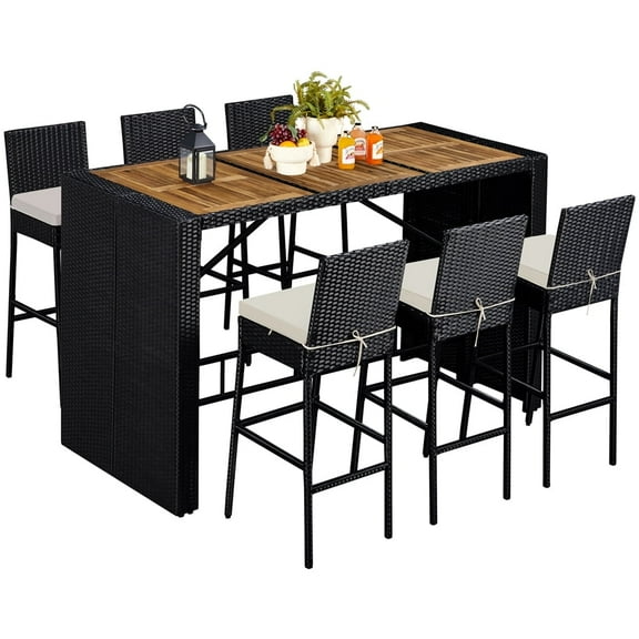 Yaheetech 7-Piece Patio Wicker Furniture Set with Wood Table Top & Removable Cushion, Black/Beige