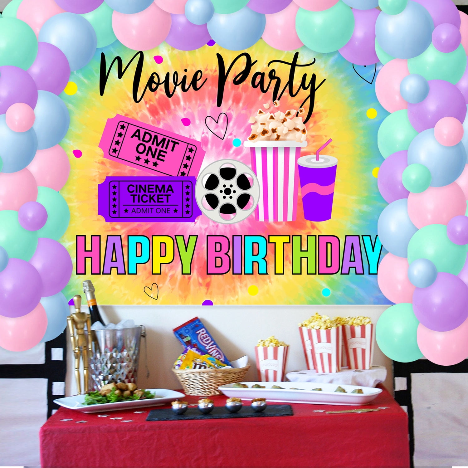 Tie Dye Movie Night Birthday Balloon Arch Kit with Movie Night Backdrop, Blue Green Purple Pink Latex Balloon for Women Movie Night Birthday Party Decoration