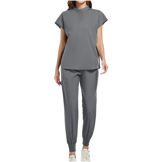 Cinvoph Ensemble de Blouses Médicales Deux Pièces pour Femmes Col Rond Manches Courtes et Pantalons joggers Jambes Droites Uniforme Infirmier avec Poches