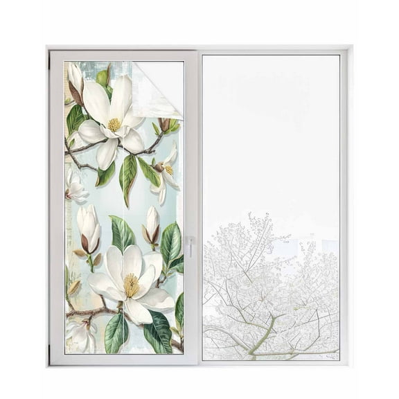 Window Privacy Film Country Flowers Stained Glass Window Film Decorative Sun Block Window Cover Spring Botanical Magnolia Branches Window Clings Static Adhesive Sticker for Bathroom 23.6"x59"