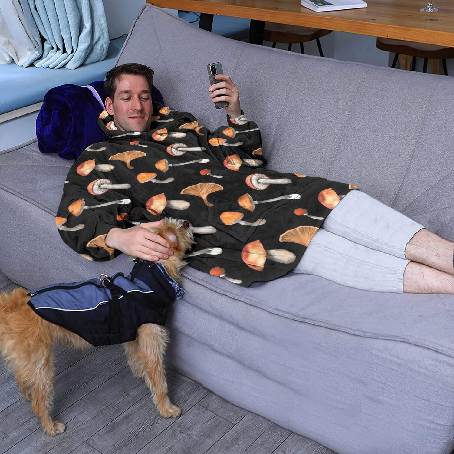 Brown Mushroom Pattern Black Pattern Wearable Oversized Blanket,Wearable Blanket Hoodie for Adults,Cozy Hooded Blankets with Super Pockets,Super Warm Fuzzy Pullover for Women & Men