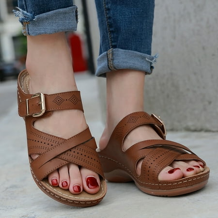 

ZXHACSJ Women s Summer Comfortable Vintage Casual Beach Open Toe Wedge Sandals Shoes Coffee 37
