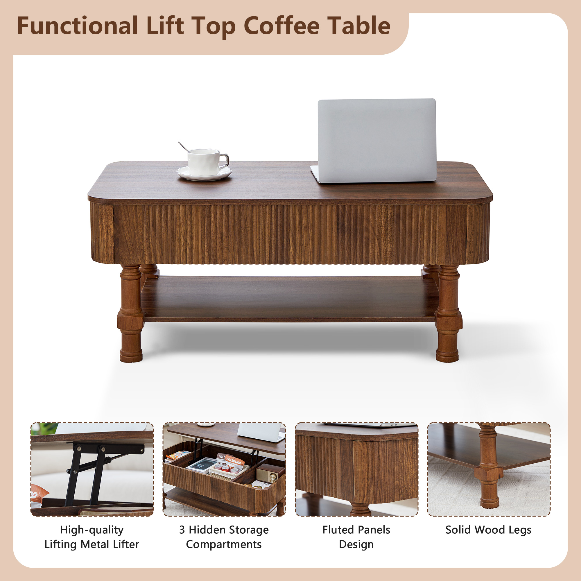 YOCWO Wood Roman Column Lift Top Coffee Table with Storage, Fluted Rectangle Coffee Table with Hidden Compartments for Living Room, Walnut