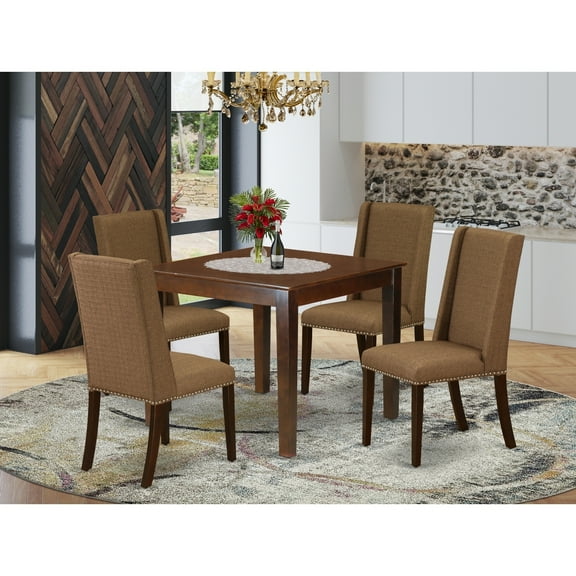 Modern 5-Piece Dining Set - Wood Table & 4 Parsons Chairs - High Back, Mahogany Finish