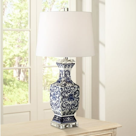 Floral Porcelain Table Lamps Barnes and Ivy Asian Table Lamp Porcelain Blue Floral Jar Geneva White Drum Shade for Living Room Family Bedroom Nightstand ()