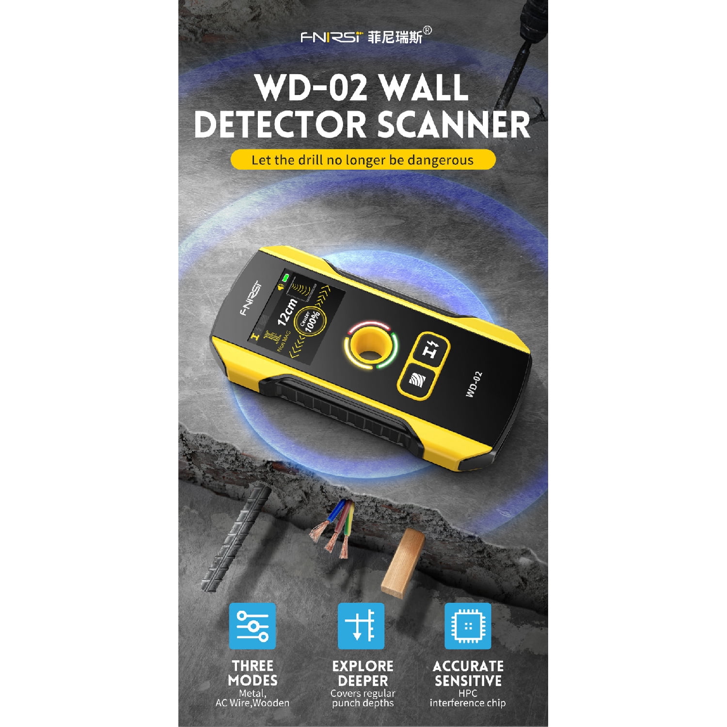 FNIRSI WD-02 LCD 3 Modes Wall Detector Scanner, Center Positioning Hole Electronic Stud Finder