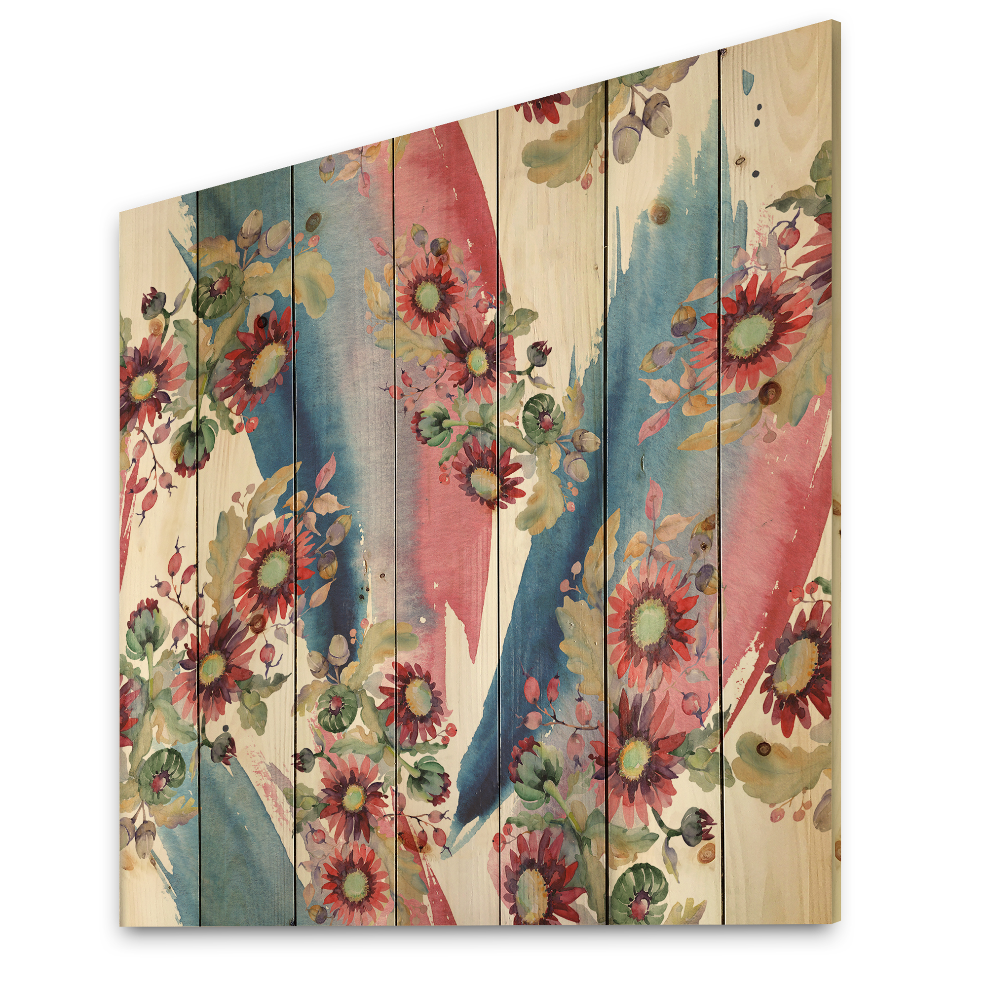 Designart 'Acorn Bouquet and Red Aster' Modern Print on Natural Pine Wood