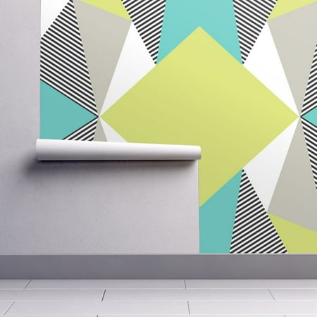 - Removable Water-Activated Wallpaper Bold Geometric Modern Teal Green B W Stripe