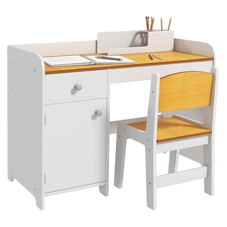 Kids Desk and Chair Set with Storage Drawer Study Desk with Chair for Children for Arts & Snack Time Homeschooling Homework White