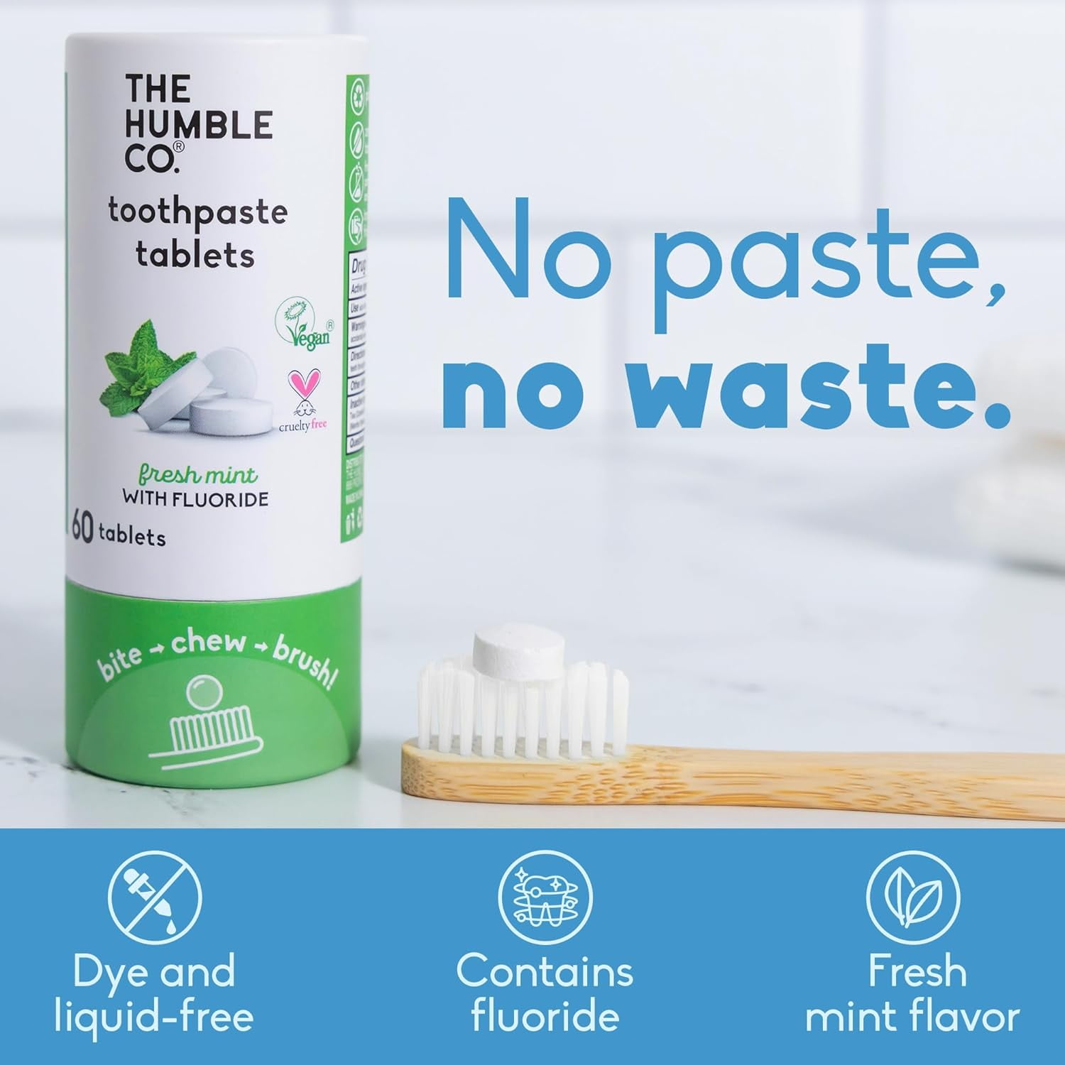 The Humble Co Chewable Toothpaste Tablets, Travel-Friendly Oral Care, Fresh Mint Flavor with Flouride, 180 Tablets, Pack of 3