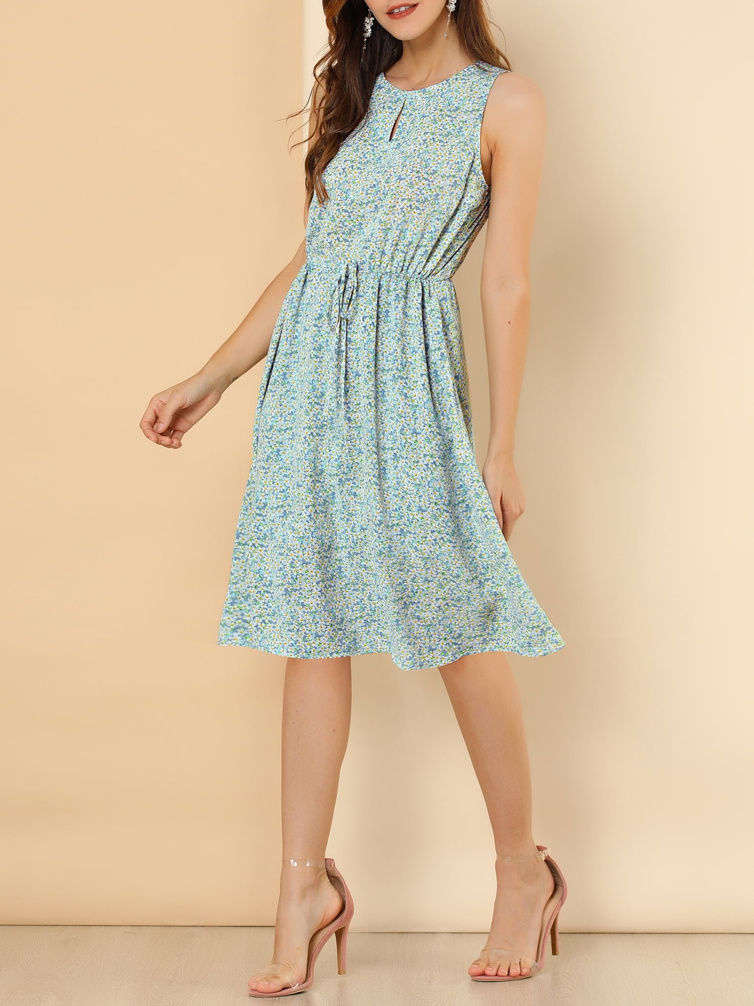 DARING DIVA Floral Sleeveless Drawstring Waist A-Line Dress XS Light Blue