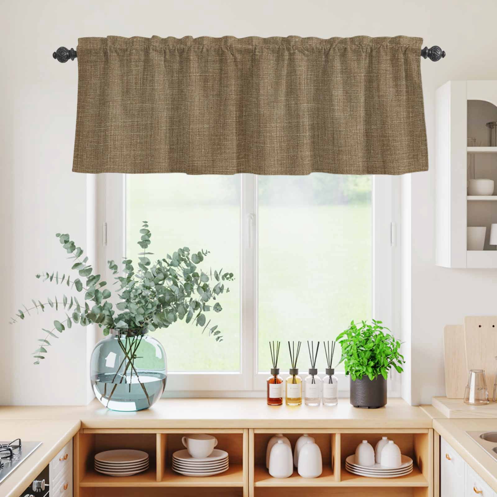 Vintage Brown Kitchen Curtains Sets for Windows 24 Inch Length, Farmhouse Retro Dark Solid Color Linen Texture Rod Pocket Window Treatments Tier Curtains and Valances Set for Bedroom/Bathroom