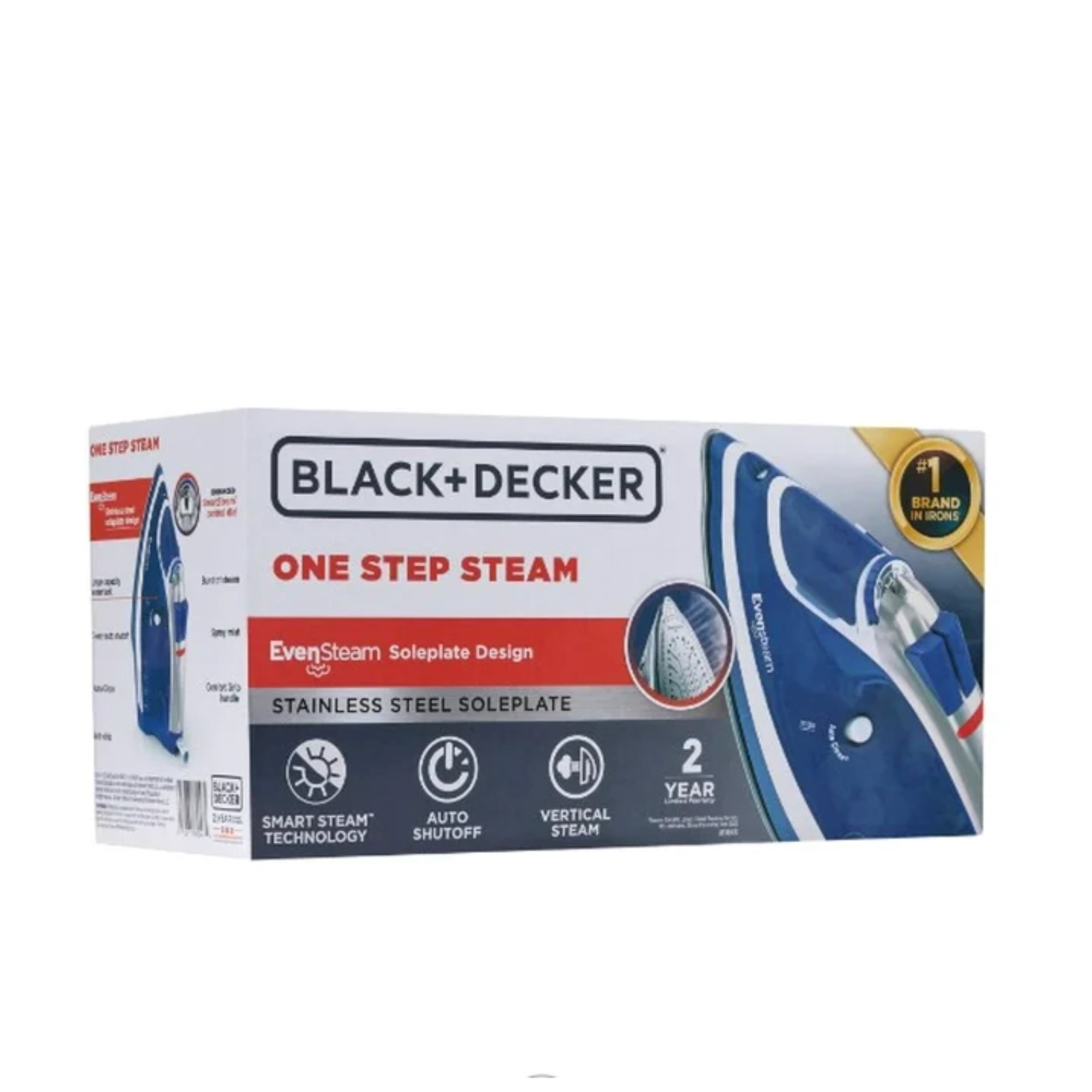 BLACK+DECKER One Step Steam Iron for Clothes, 1200W, EvenSteam Stainless Steel Soleplate, Smart Steam Control, Auto Clean, Auto Shut-off, Blue
