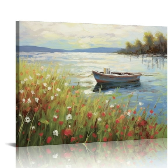 Creowell Canvas Wall Art Lake Scene: Nature Boat Painting Picture Modern Landscape Wilderness Scenic Print Textured Natural Scenery Artwork Decor for Living Room Bedroom Office Decor 20x16 in/16x12 in