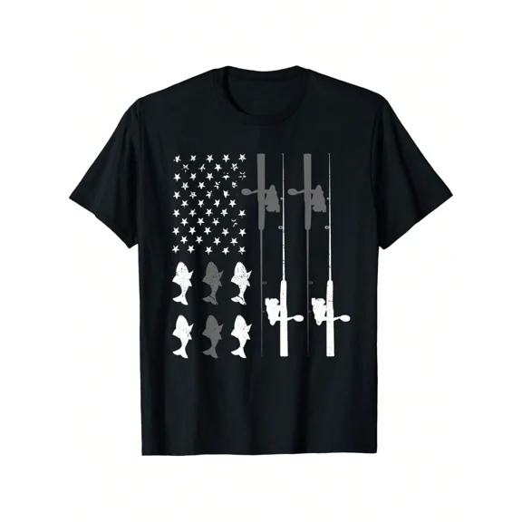 children’s wear Retro American Flag Fishing T-Shirt for Boys and Girls Patriotic Bass Angler Graphic Tee for Kids Cute Outdoor Fishing Rod Shirt