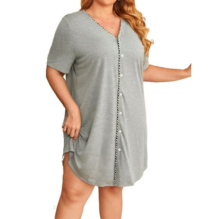 

Casual Plain V neck Robes Light Grey Short Sleeve Plus Size Robes & Robe Sets M