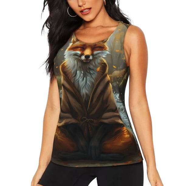 Balery Streamside Meditating Fox Camiseta sin mangas estampada ligera para mujer, tops de entrenamiento sin mangas, camisetas de yoga transpirables de secado rápido.-XX-Large