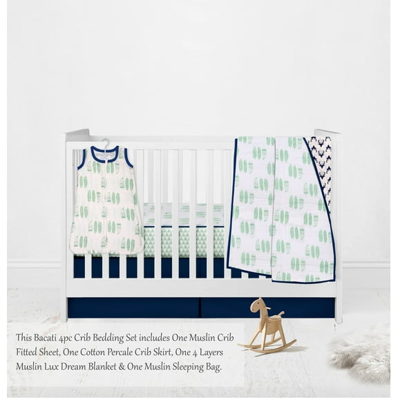 Bacati - Tribal Mint/Navy Feathers Buck Triangles Muslin Boys Crib Bedding Set