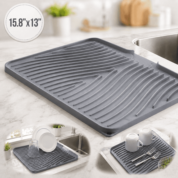 Grey Silicone Dish Drying Mat, 15.8"x13" Kitchen Sink Tray with Raised Edges & Drainage Groove, Non-Slip Counter Protector for Drying Dishes, Cups & Utensils, Durable and Easy to Clean for Home Cooks