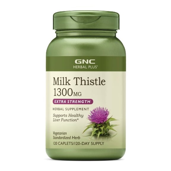 GNC Herbal Plus Milk Thistle 1300mg Supplement, Extra Strength, Vegetarian, Supports Healthy Liver Function, 120 Caplets, 120 Servings