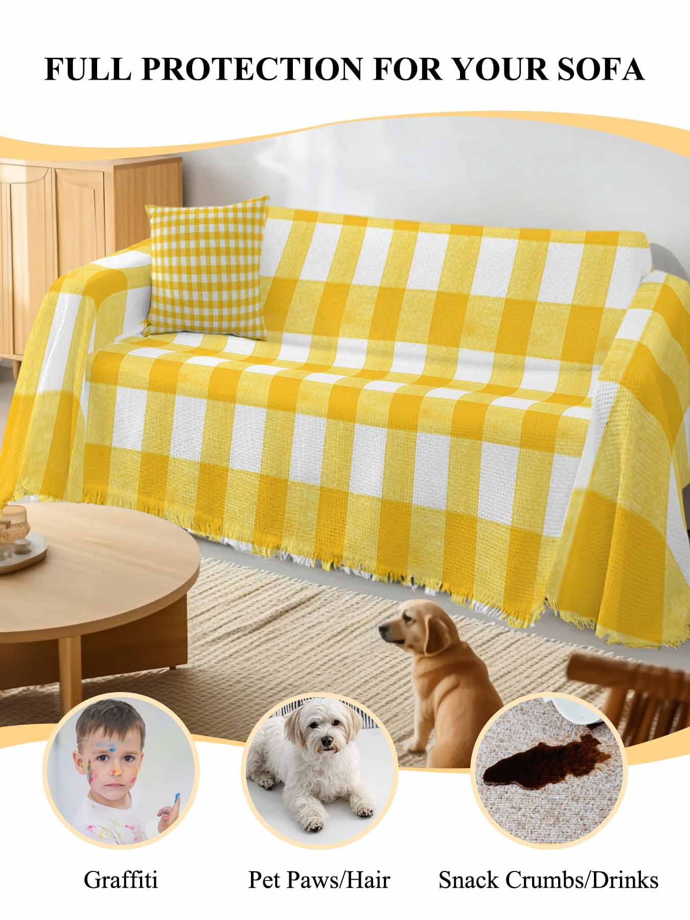 Yellow Couch Cover Sofa Covers 3 Cushion Sectional Couch, Country French Rustic Buffalo Plaid Modern Art Washable Sofa Covers Slipcover Sectional Sofa Cover, Furniture Protector 71"x150"
