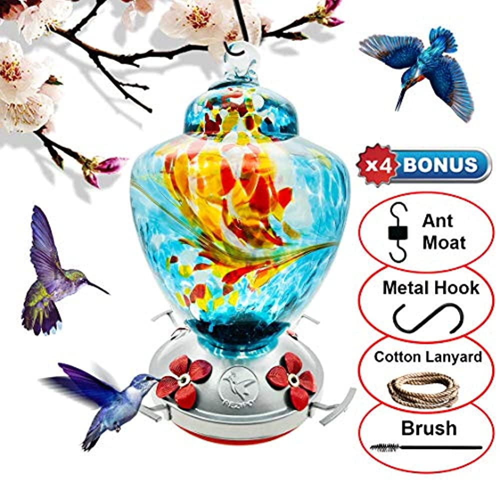 REZIPO Hummingbird Feeder with Perch Red Hand Blown Glass 26 Fluid Ounces Hummingbird Nectar Capacity Include Hanging Wires and Moat Hook REZIPO Hummingbird Feeder with Perch Red Hand Blown Glass 26 Fluid Ounces Hummingbird Nectar Capacity Include Hanging Wires and Moat Hook