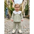 thumbnail image 4 of RUINIXCW Toddler Baby Girl Fall Outfits Casual Plaid Doll Collar Long Sleeve Tops with Ruffled Trim Pants 2 Pcs Set, 4 of 9