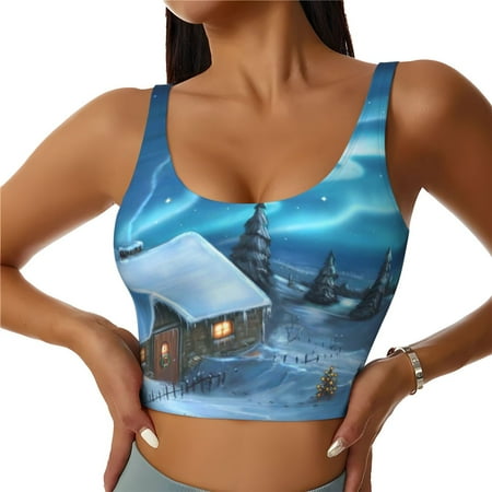 Jgfou Mountain Cottage In Snow Print Womens Sports Bra - Padded Workout Sports Bras Crop Tank Top