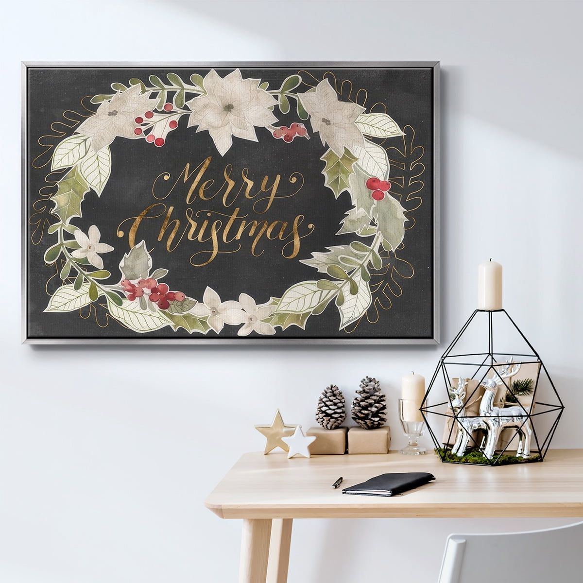 Gilded Christmas Collection A - Framed Gallery Wrapped Holiday Canvas - 25 x 37 - Silver Frame
