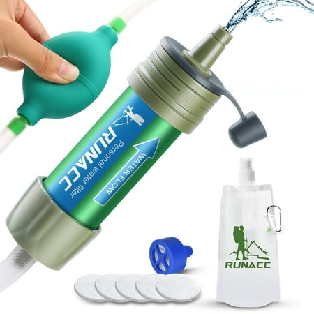 RUNACC Water Filter Camping Portable Water Purifier Kit, Filters Up to 2000L Survival Set ,Fast Sucking Backwash Cleansing Integrated Water