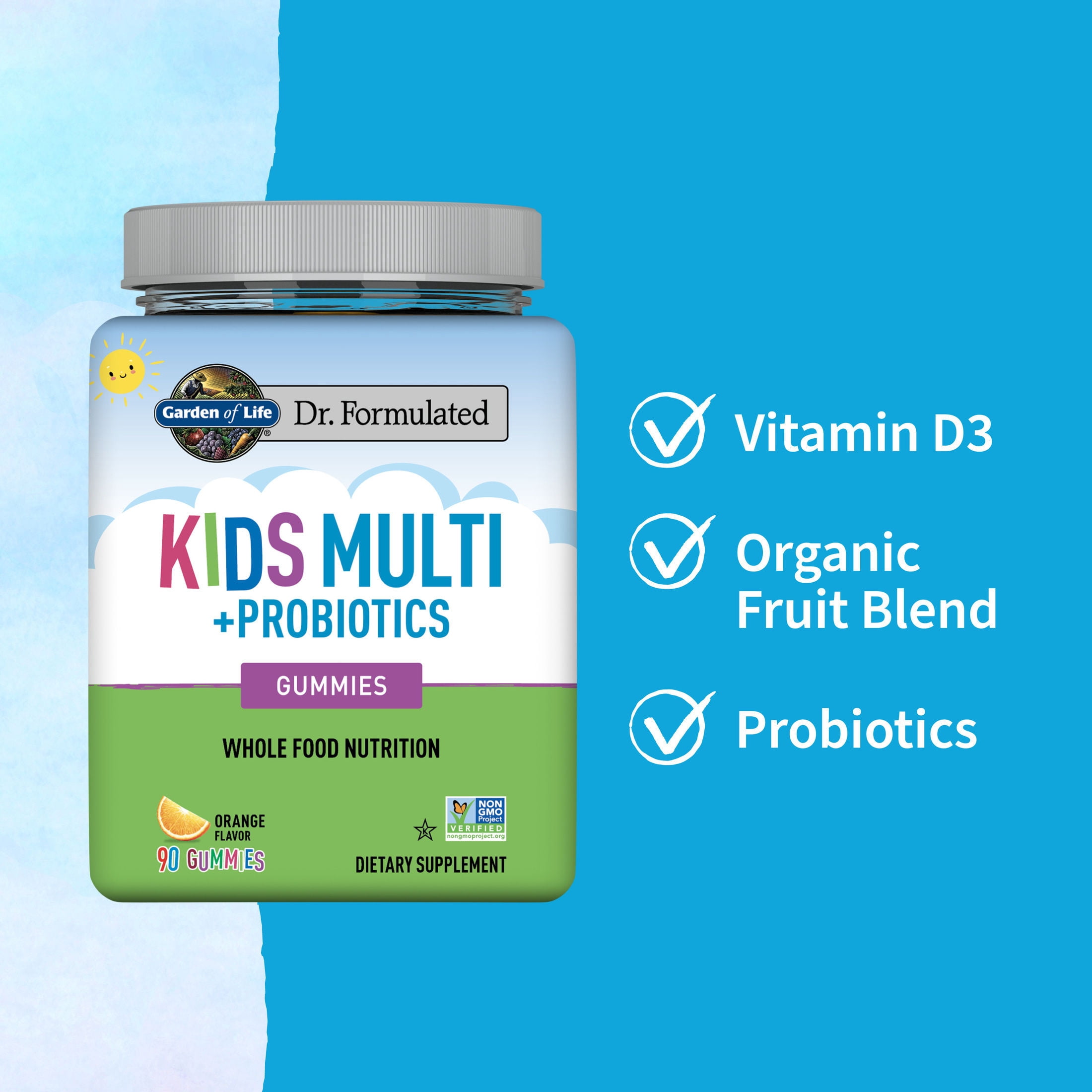 Garden of Life Kids Daily Multivitamin + Probiotics Gummies for Digestive Gut Health, Orange, 90 Count