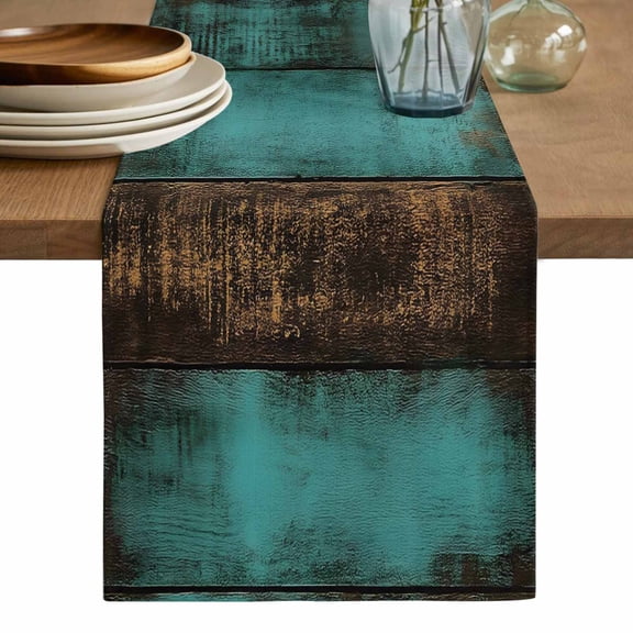 Vintage Teal Stripe Table Runner, Farmhouse Shabby Turquoise Washable Cotton Linen Table Runners 60 Inches Long, Dresser Scarf Runner for Coffee/TV Stands/Kitchen/Cabinets 13''x60''
